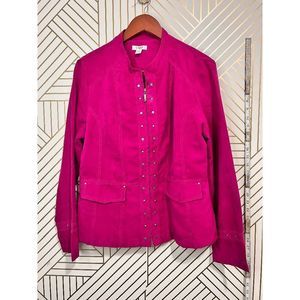 Cato Women's Faux Suede Metal Embellish Round Neck Jacket Fushia Pink Size Large